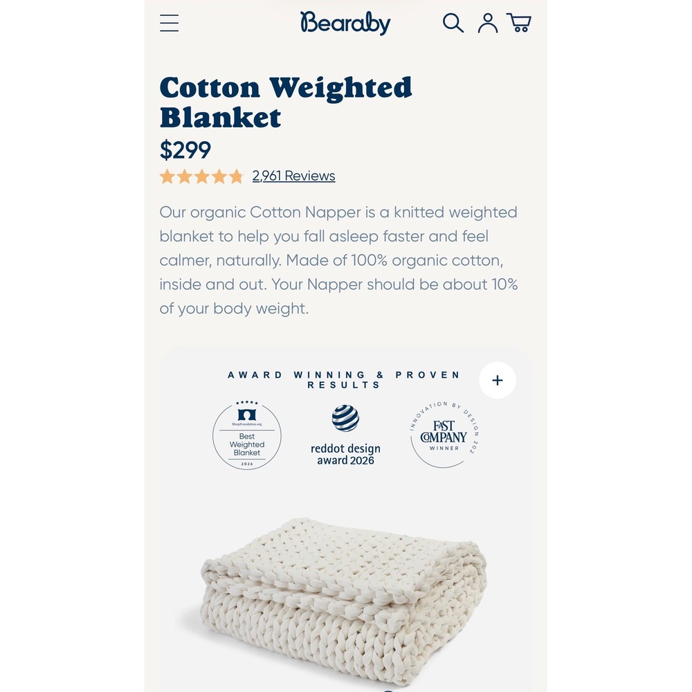 Bearaby Cotton Napper 20lb Weighted Blanket Organic Cotton Knit Cloud White